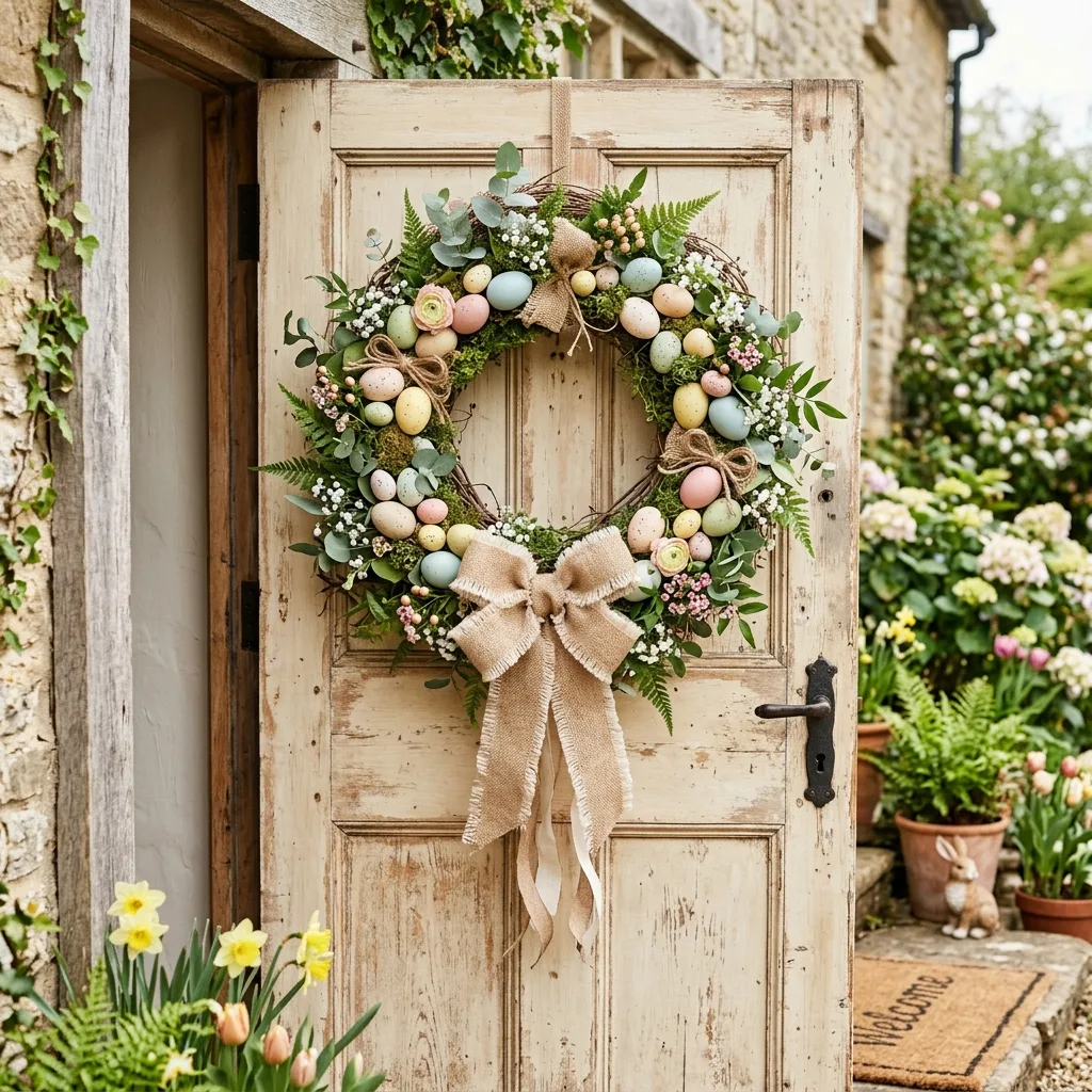 Classic farmhouse Easter egg wreath on a rustic front door